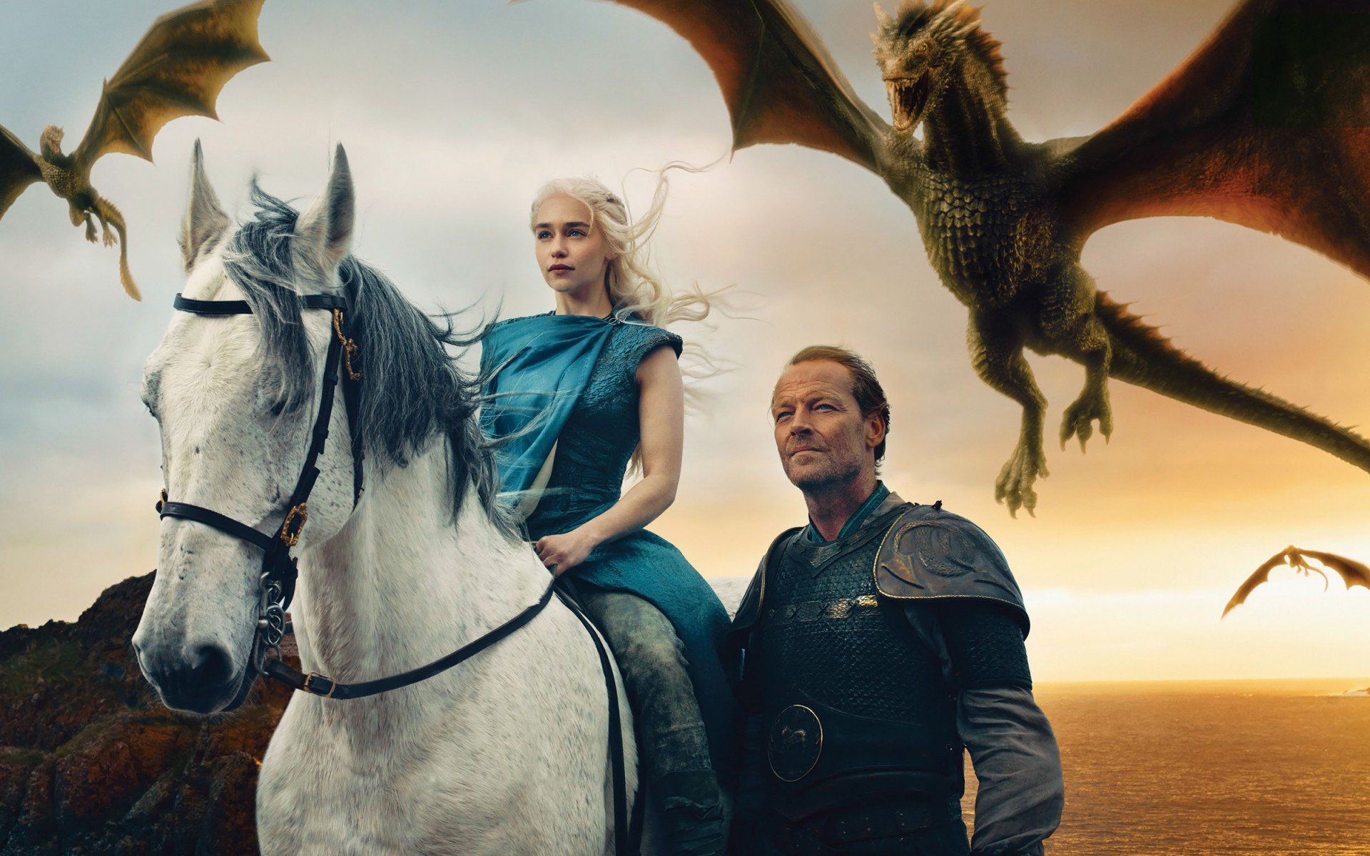 Jorah Mormont, Daenerys Targaryen, Emilia Clarke, Game of Thrones, драконы, Iain Glen