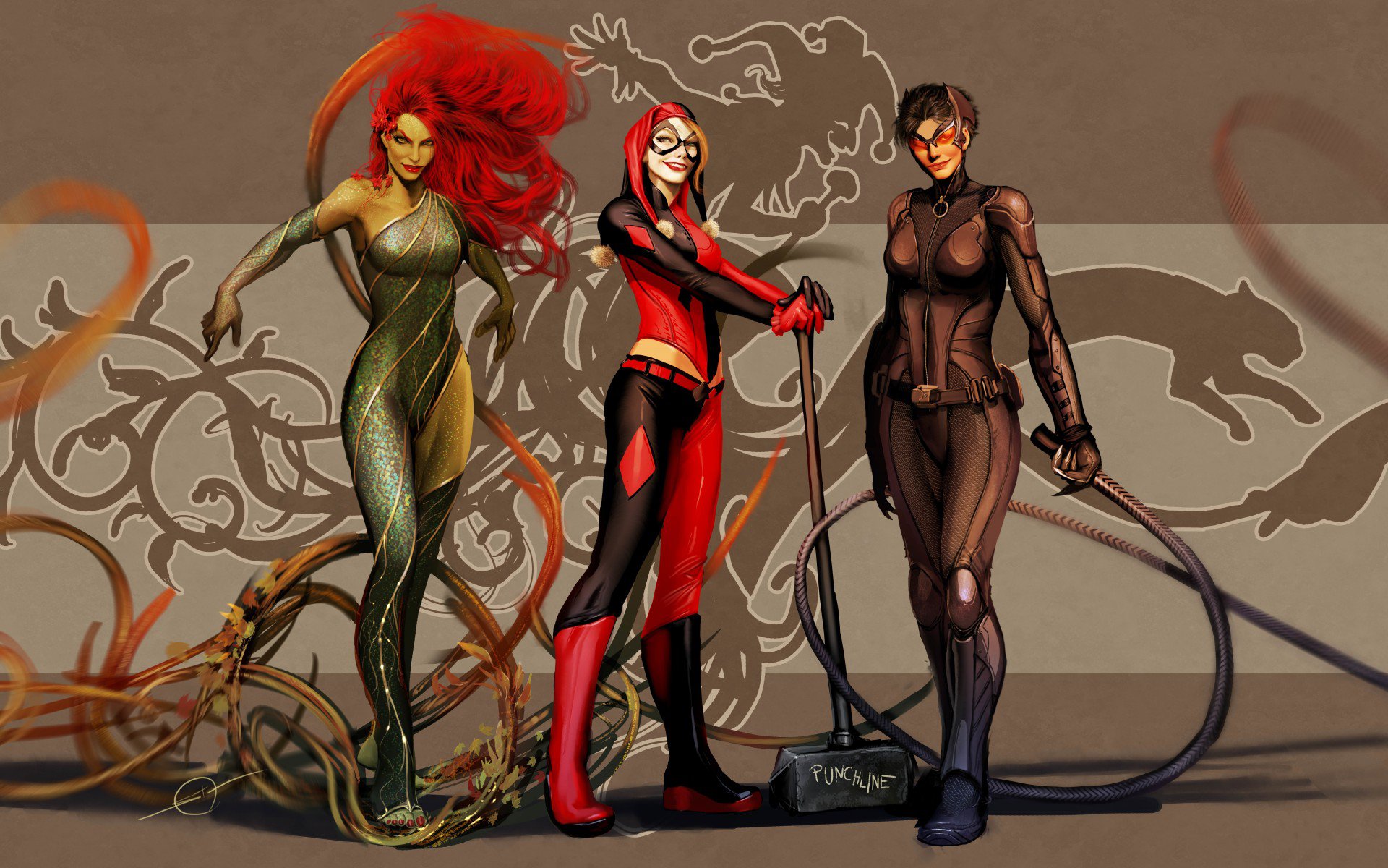 Poison Ivy, Selina Kyle, Harley Quinn, dc comics, art, Dr. Pamela Lillian Isley, nebezial, Catwoman