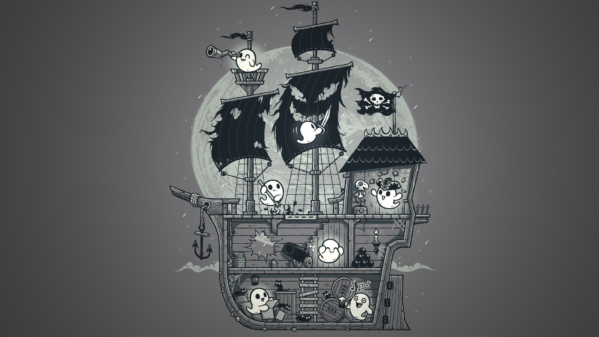 чб, луна, минимализм, хэлуин, корабль, приведение, halloween