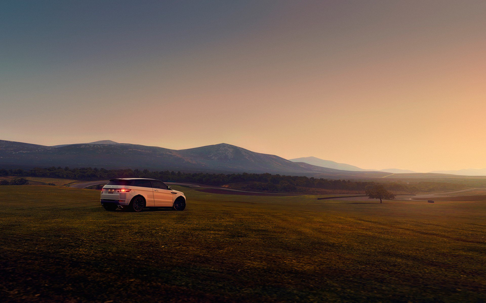 холмы, закат, поле, машина, Evoque, Land Rover, Range Rover
