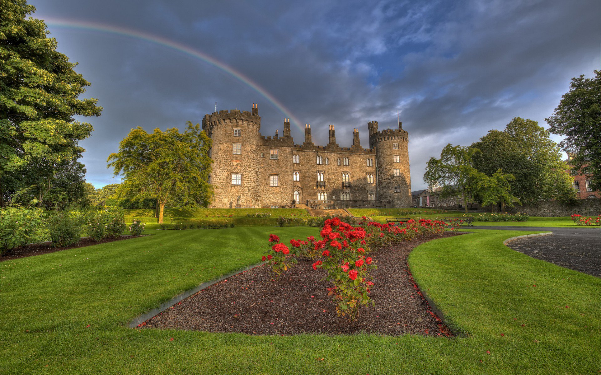 парк, замок, Kilkenny Castle, Ireland, радуга, Ирландия, цветы