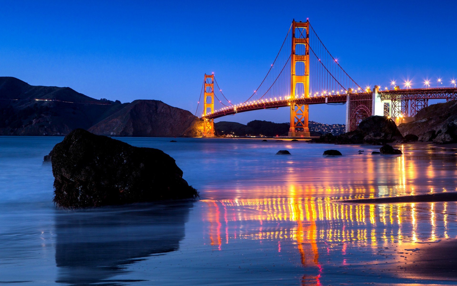 вода, освещение, Сан-Франциско, Golden Gate Bridge, США