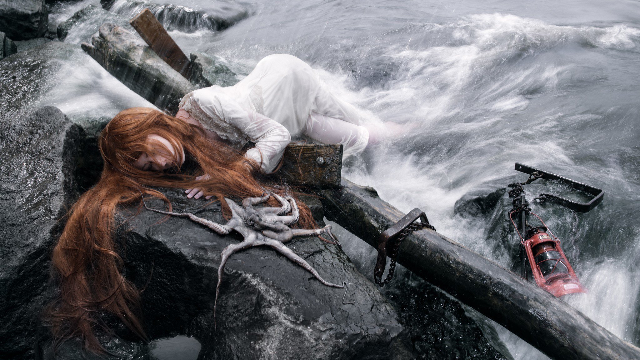 Shipwrecked, castaway, conceptual, octopus