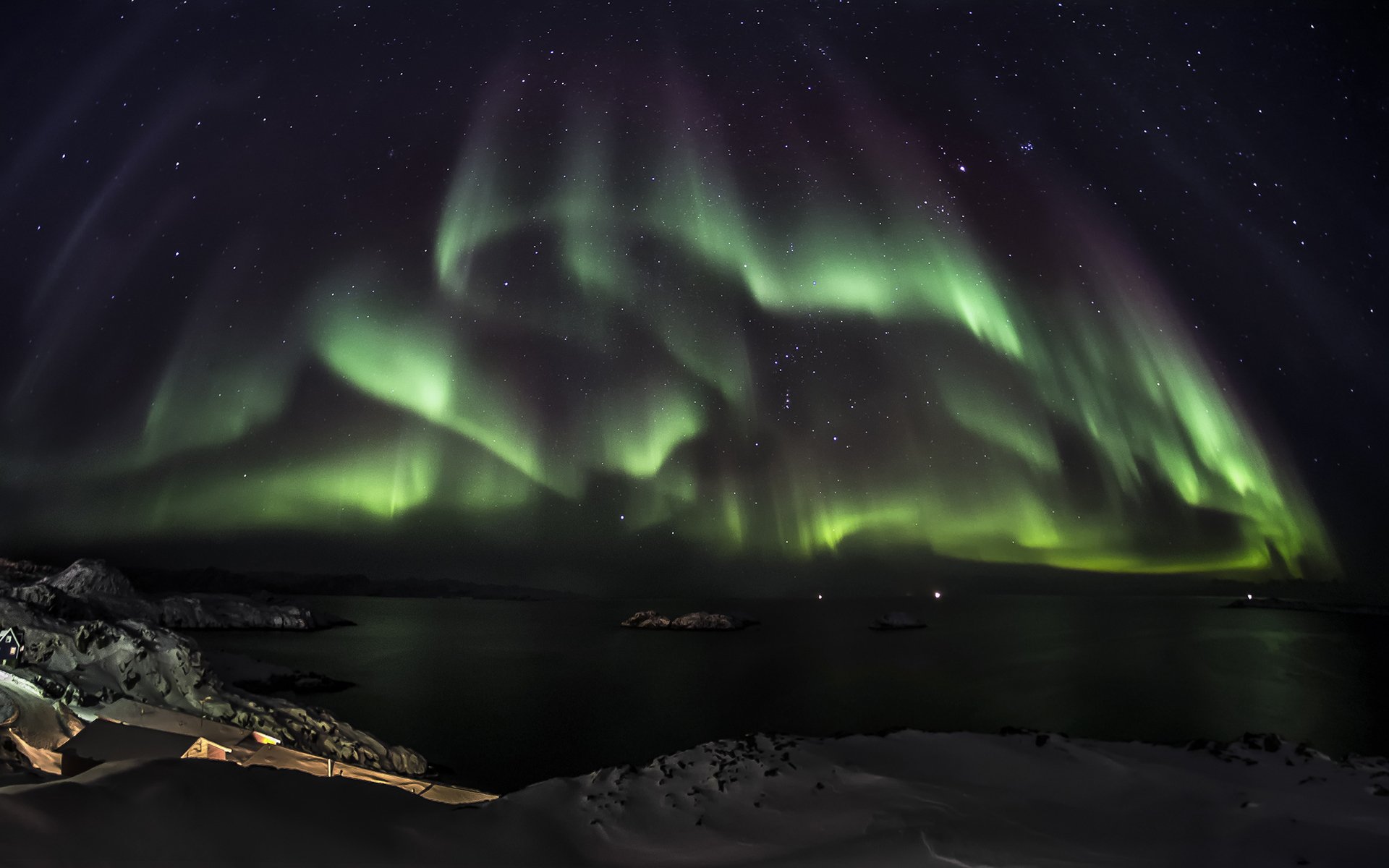 aurora borealis, звезды, снег, северное сияние