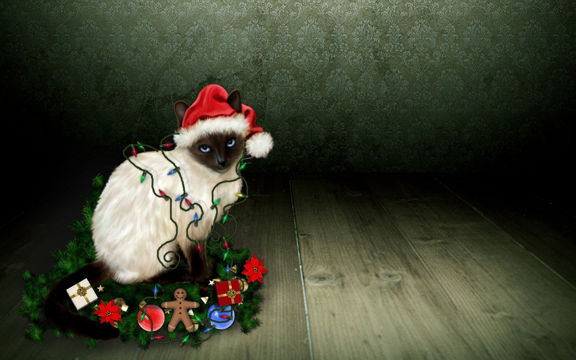 кошка, новогодние украшения, взгляд, пряничный человечек