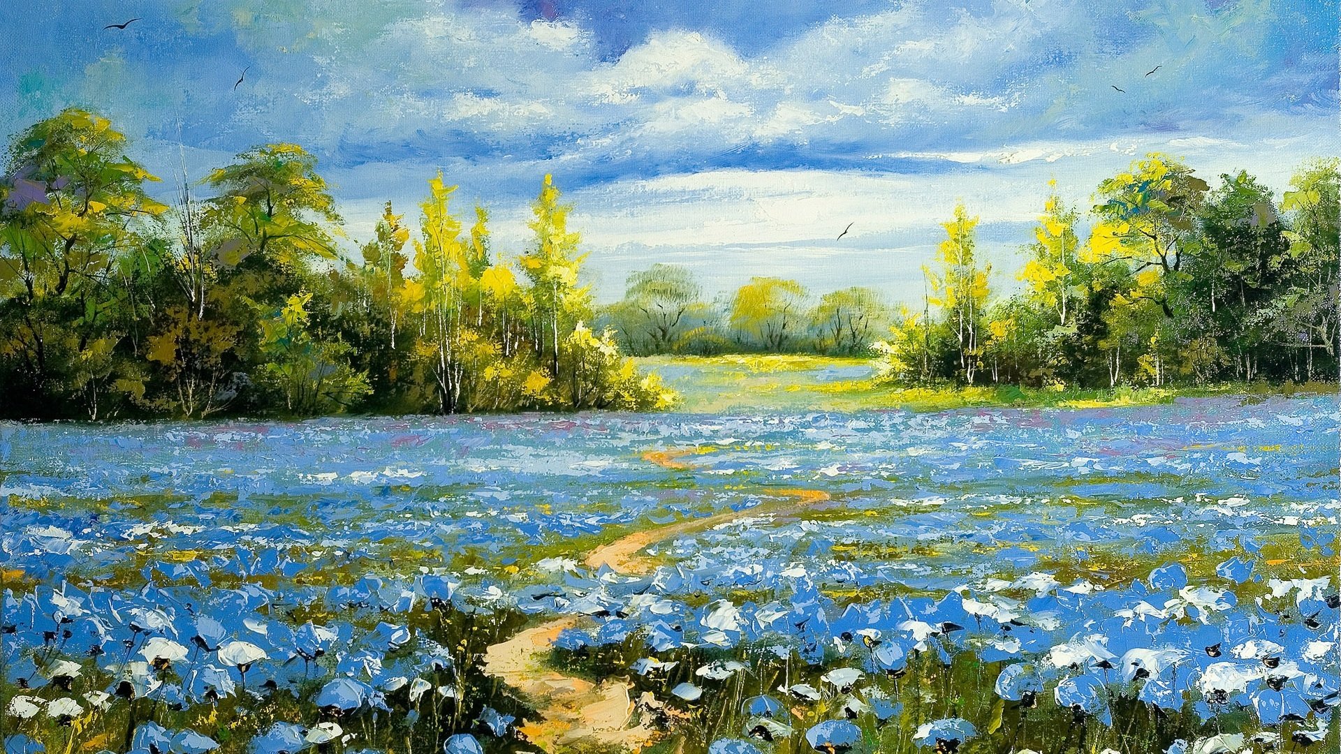 птицы, маки, трапинка, деревья