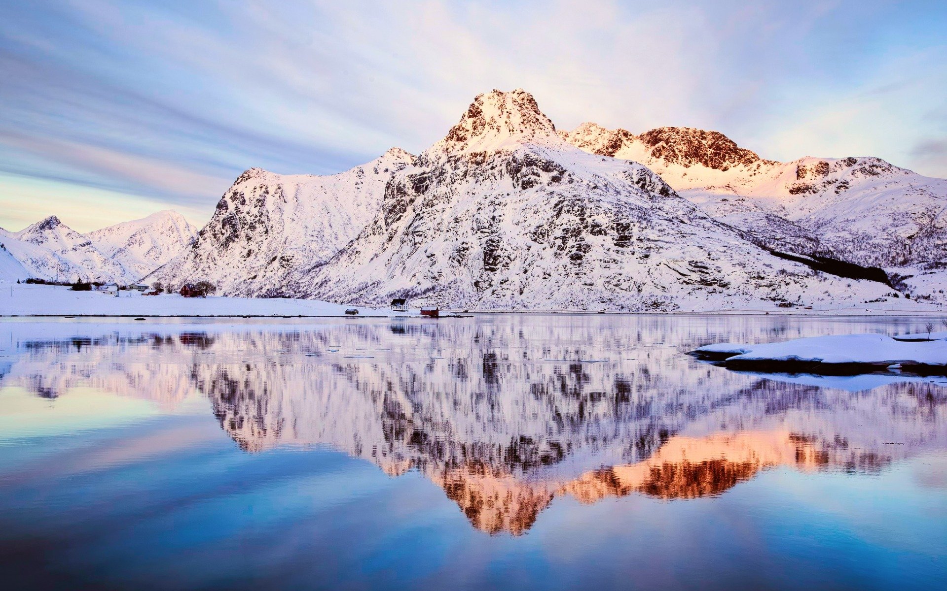 flakstadoya fjord, отражения, небо, снег