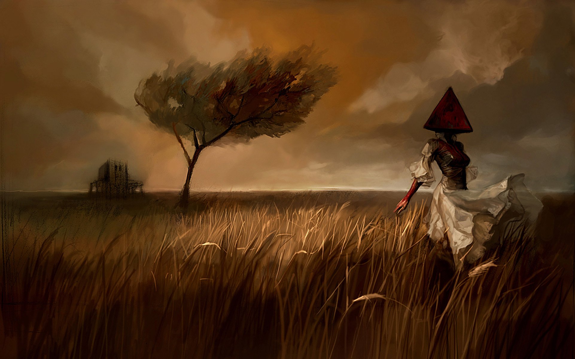 pyramid-head, пейзаж, платье, рисунок