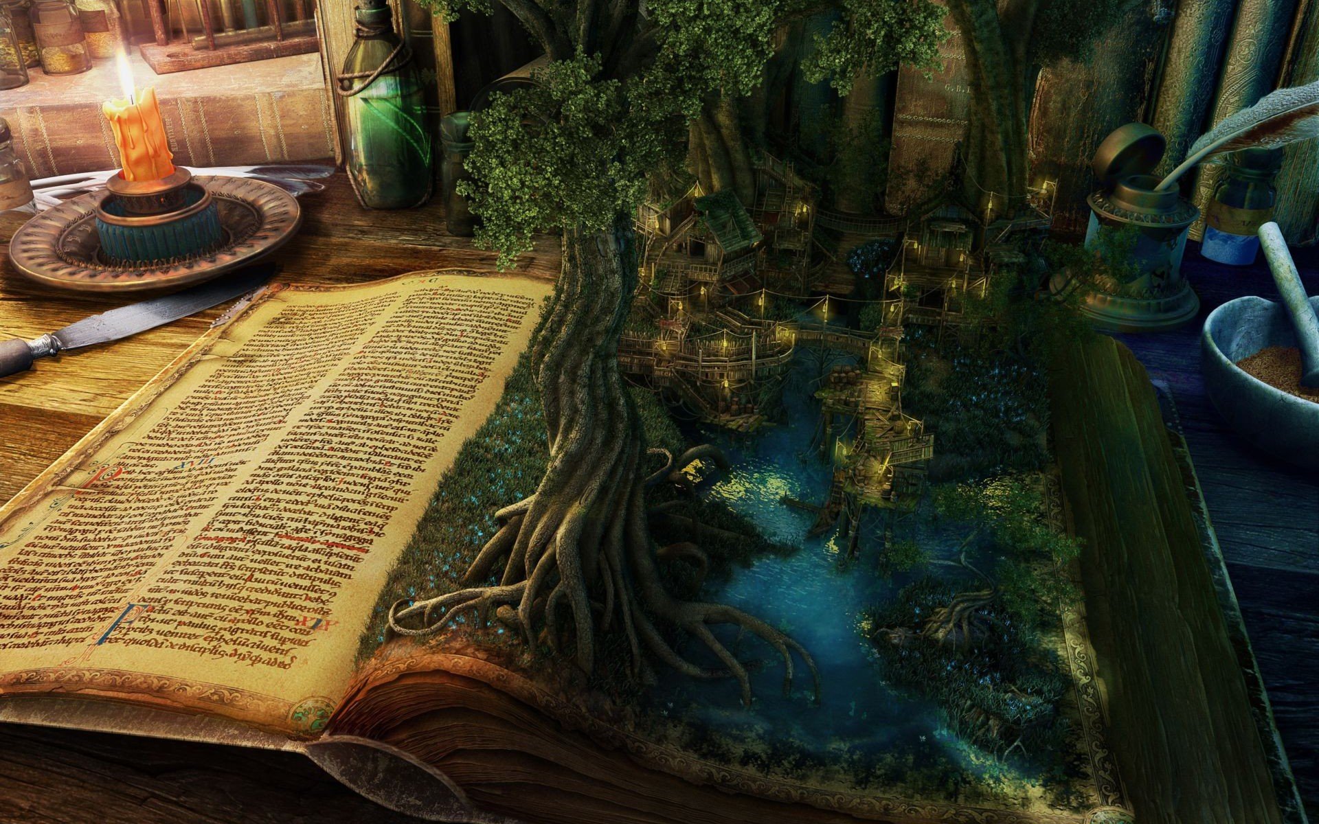 свеча, книга, нож, пейзаж