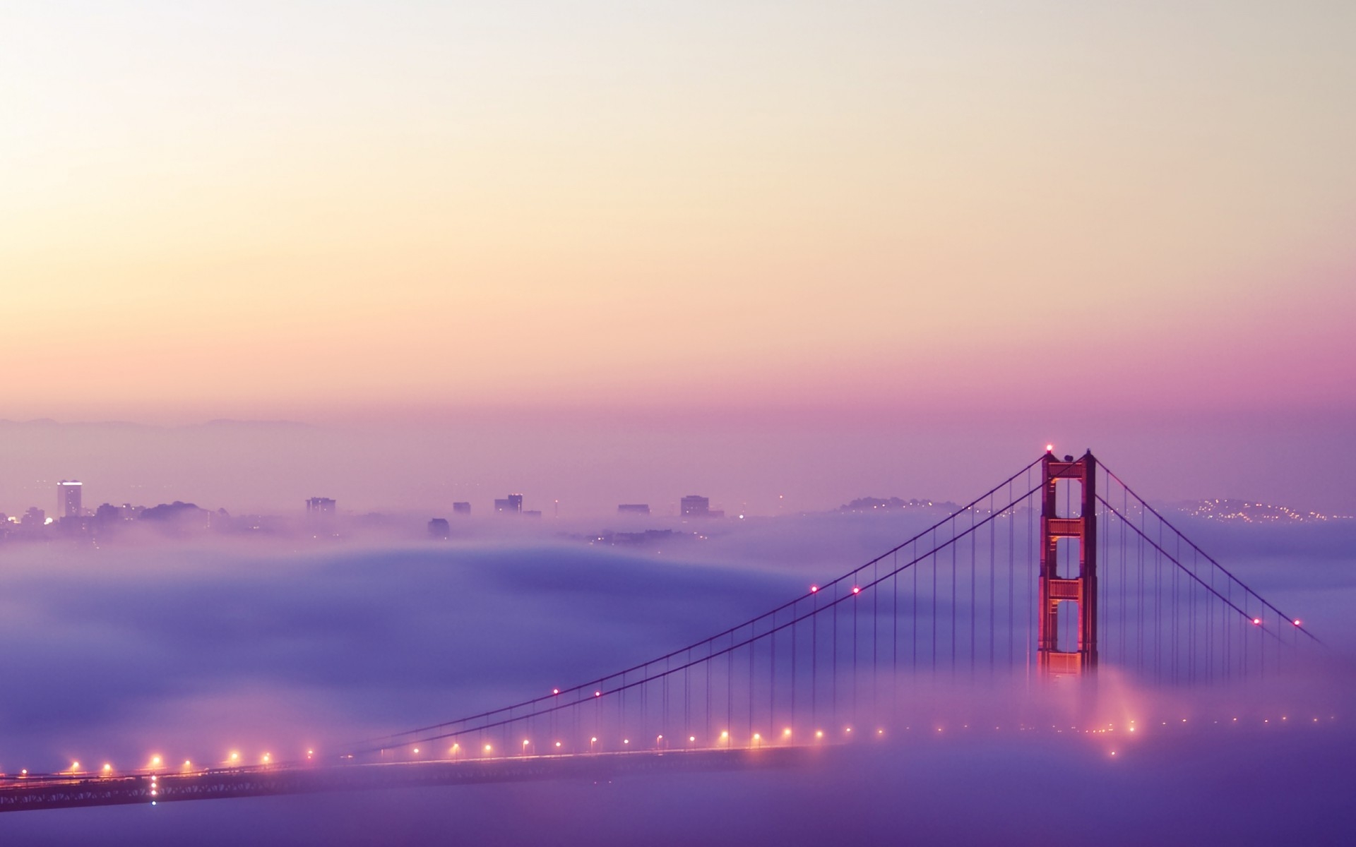 golden gate bridge, san francisco, огни, туман