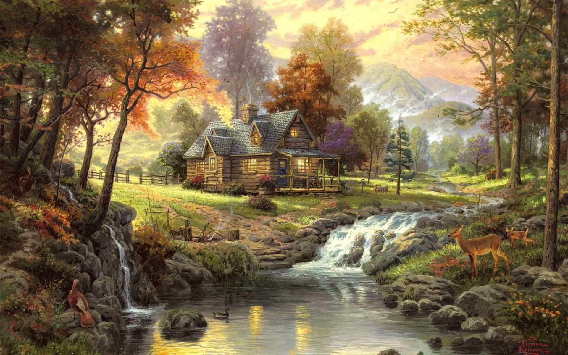 домик в лесу, thomas kinkade, осень, ручей